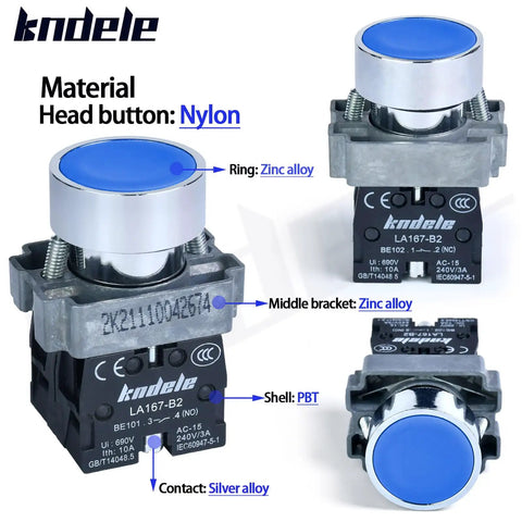 Two Pack 10Amp 22mm Momentary Push Button Switch Blue 1NO 1NC SPDT Metal Button IP65 Waterproof details and materials