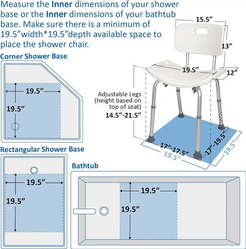 Diagram showing dimensions for FSA/HSA Eligible Adjustable Shower Chair With Easy Tool-Free Assembly in various shower setups.