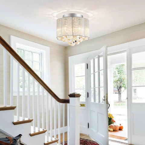 Crystal Flush Mount Ceiling Light With White Fabric Shade, 12 Inch Modern Drum Fixture in an entryway setting