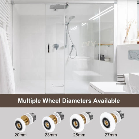 Slick Glide Heavy Duty Shower Door Rollers And Wheels 23 Millimeter Glass Bathroom Replacement Parts For Sliding Tracks Kitchen Drawers White Pack Of Four displayed alongside various wheel diameters.