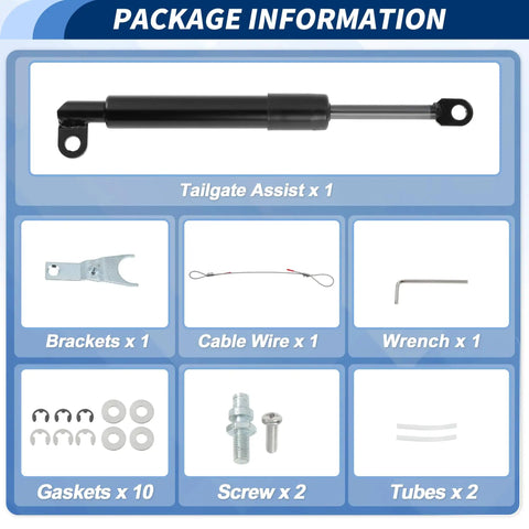 Package contents for Heavy Duty Tailgate Assist Kit Smooth Operator Drop Liftgate Support Strut for Toyota Tacoma N300 2015-2023.