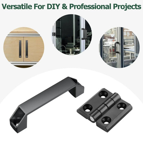 Built Tough 3030 Aluminum Extrusion Door Hardware Kit featuring matte black alloy handle and zinc hinge for versatile projects.