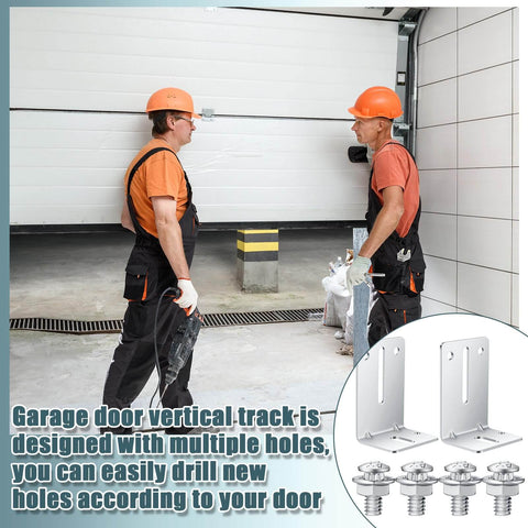 Two Piece Garage Door Vertical Track Replacement Kit With Six Rail Doorpost Brackets And Sixteen Sets Of Screws And Nuts For Seven Foot Tall Doors Durable Rails And Hardware Bundle For Quick Easy DIY Install, shown with workers installing a garage door.