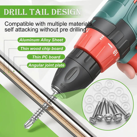 Drill tail design demonstrating compatibility with materials for 370 Piece Job Site Staple 410 Stainless Steel Number 8 By 3/4 Inch Hex Washer Head Self Drilling Screw Kit.