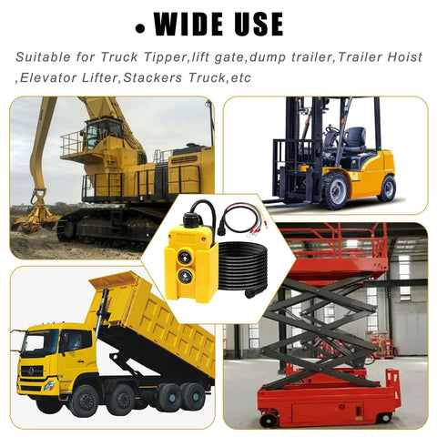 Yellow 4-wire dump trailer remote control switch with up/down pushbuttons and coiled cable for truck lift unloading