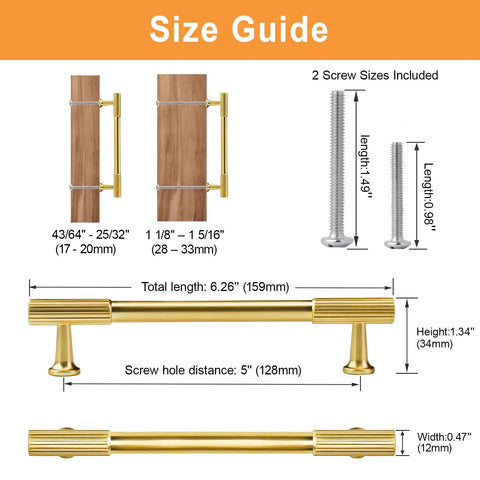 Size guide for 20 Pack Built Tough Brushed Brass Gold Kitchen Cabinet Pulls with specifications and screw sizes.