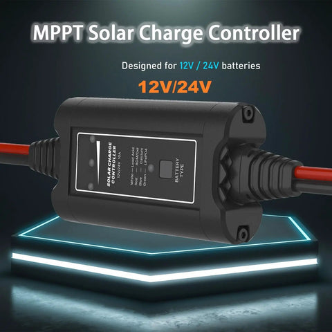 MPPT Solar Charge Controller for 12V 24V batteries, designed for efficient battery management, compact and durable.