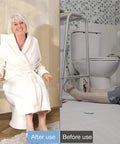 Rock Solid Heavy Duty Foldable Toilet Safety Rails For Seniors With Comfort Grip Armrests Handicap Bathroom Assist Bars Up To Five Hundred Twenty Lbs Easy Peasy Setup, showing safe seated and fallen position.