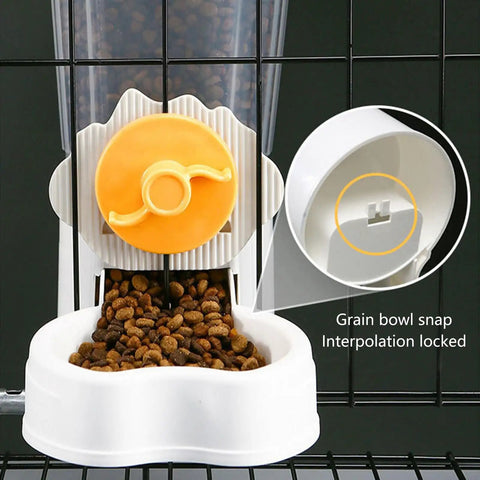 No Sweat Automatic Pet Water Dispenser And Food Feeder With Leakproof Bowl showing grain bowl and snap lock feature.