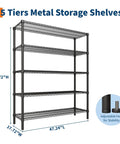 Heavy Gauge Five Tier Carbon Steel Shelving Rack With Reinforced Mesh Panels And Self Leveling Feet, 72"H x 47.24"L x 17.72"W.