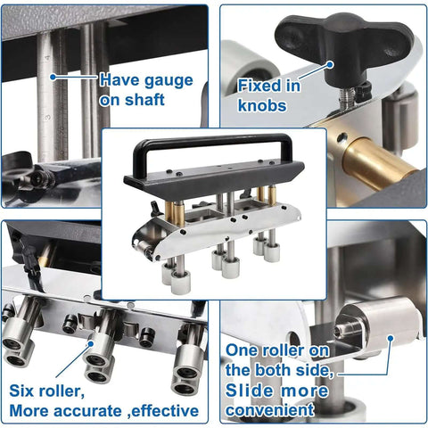 Collage of a three-station roller metal bender hand tool for 0-90 degree bends on metal roofing sheets with adjustable knobs and rollers.