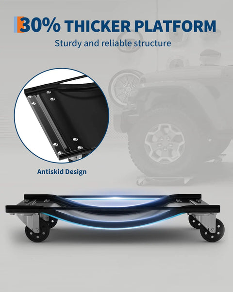Set Of 4 Badass Car Dollies With 10000 Pounds Capacity And 3.5 Inch Solid Steel Wheels For No Sweat Hauling Cars Trucks And Boats In Rugged Black Finish with 30% thicker platform.