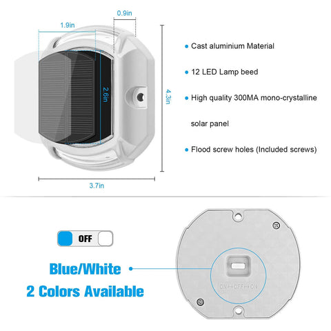 Dimensions and features of 12 Pack Solar LED Driveway Lights Two Color Options White Or Blue for Driveway Sidewalk Pathway