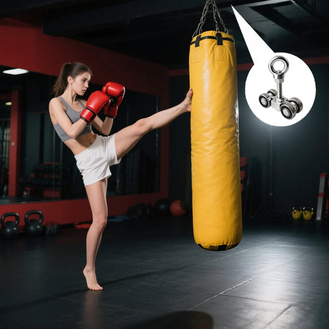 Four Wheel Silent Trolley Rollers Assembly For Strut Channel Fits 1-5/8 Inch Wide And Taller Strut Channels With M10 Bolt Pack Of 2 Heavy Duty Galvanized Steel Rust Resistant With High Load Capacity shown with a yellow punching bag and person boxing in a gym.