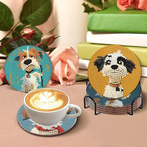 Dog Diamond Art Coaster Kit For Beginners With Holder DIY 8 Pack Diamond Painting Coasters Set Includes Cork Bases Diamonds Pen Glue Tray And Bonus Extra Diamonds For Easy Creative Crafting showing finished coasters with floral decor and a cup on one.