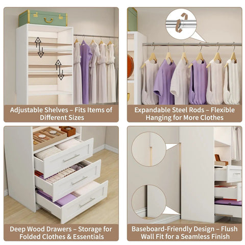 Slick Modular Closet Organizer System With Hella Flexible Span Up To Nine Feet three solid drawers and adjustable shelves for organization.
