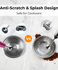 Comparison of Premium Cordless Immersion Hand Blender With Heavy Duty Motor And 6 In 1 Multifunctional Attachments in stainless bowl.