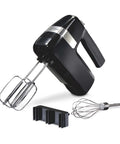 Slick Electric Hand Mixer Packing Six Speeds Plus A Dedicated Stir Button To Dodge Splatter While Whipping Up Thick Dough Or Fluffy Batter Plus Dual Beaters And Heavy Duty Hook Attachments with black finish and accessories.