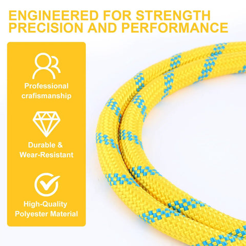Top Shelf Half Inch By 120 Foot Arborist Rope Delivering Bone Hard 9000 Pound Static Strength And Killer Grip, yellow polyester, professional grade.