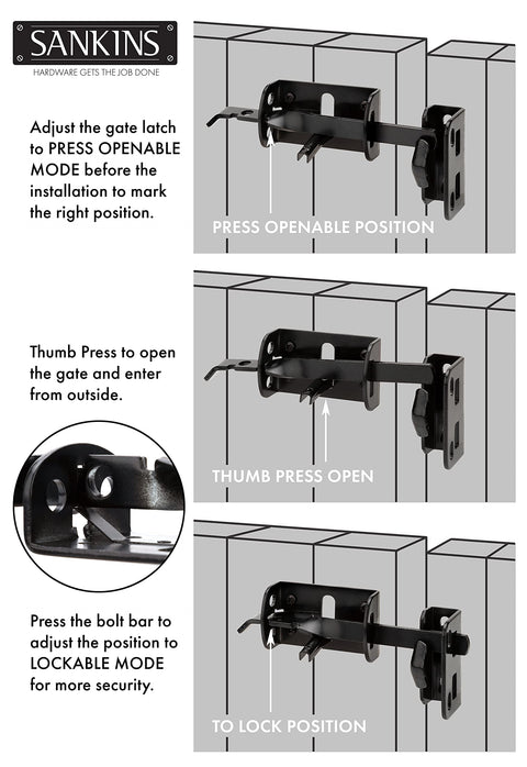 Heavy Duty Thumb Gate Latch Kit With 8 Inch Decorative Handle For Wooden Fences And Gates Self Closing Outdoor Gate Lock For Wood Metal Vinyl Pool And Garden In Black Finish installation instructions