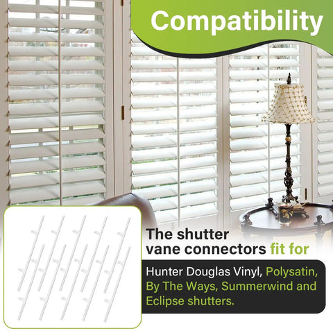 Solid As A Rock Shutter Repair Slider Connectors Set Of Ten With Smooth Glide Fit For Hunter Douglas Polysatin And Summerwind Shutters showing compatibility with various shutters.