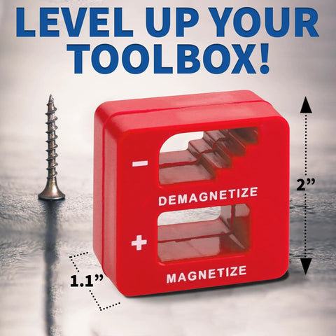 Red 2-inch demagnetizer and magnetizer showing size with screw for small tools and precision work