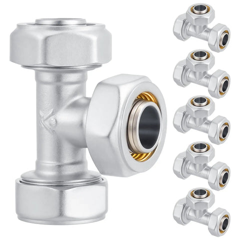 Six Pack Three Quarter Inch Equal Air Piping Fittings Brass Nickel Plated For Shop Compressed Air Line System 200 Psi