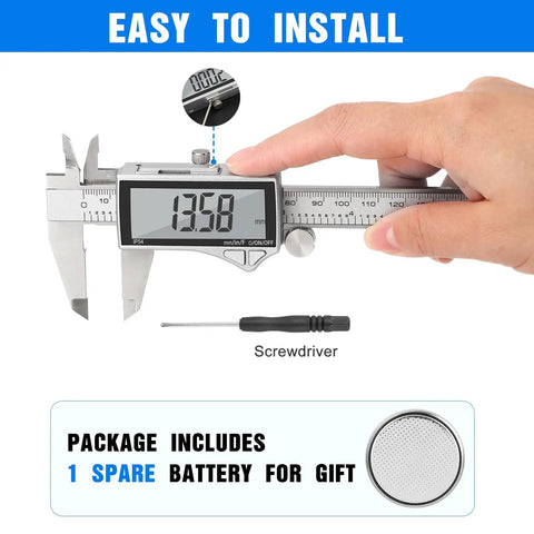 Handy Digital Caliper Measuring Tool Stainless Steel With Large LCD Screen showing 13.8 mm, and a screwdriver included