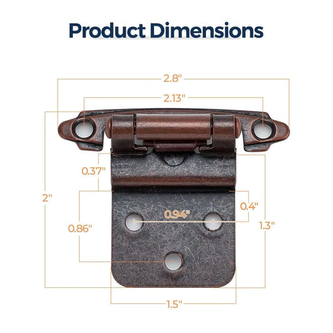 Antique Copper Cabinet Hinges Running Dead Smooth As Butter With Heavy Duty Self Closing Springs And Silent Silicone Dampers 3 8 Inch Inset Mount Full Installation Kit 30 Pack dimensions laid out.