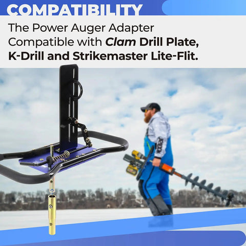 Heavy Duty Ice Auger Drill Bit Adapter Compatible With Clam Drill Plate For K Drill And StrikeMaster Lite Flite shown with auger