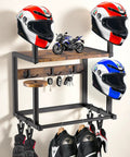 Hella Sturdy Wooden Wall Mount Helmet Rack Featuring Four Deep Cradles For Motorcycles Dirt Bikes Ski Gear And Bucket Hats with helmets and gloves.