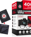 Eyeglass cleaning wipes kit: 400 pre-moistened lens wipes and microfiber cloth; front view with black wipe pouch