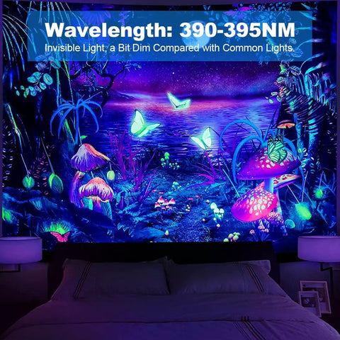 Top Shelf 30W LED Blacklight Flood Lights 6 Pack Heavy Duty IP66 Waterproof Fixtures With Us Plug And Toggle Switch Cords Straight Fire Lighting For Wild Glow Parties Halloween Decor And Body Paint illuminating a colorful UV art scene.