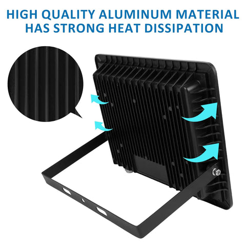 Super Rugged 100W Led Flood Lights Outdoor With Plug, detailed view of aluminum heat dissipation features and sturdy stand.