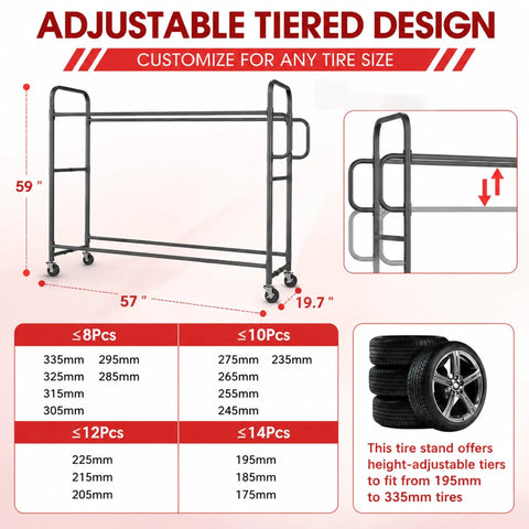 Heavy Duty Tire Rack With Adjustable Crossbars And Slick Swivel Casters Real American Heavy Lifter For Garage Organization showing customizable height for tires.