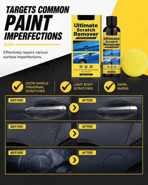 Slick Scratch Eraser Paste And Smooth Operator Polishing Kit For Fast Deep Scratch Repair And Showroom Ready Shine On Every Auto Paint and Road Rash Scuffs; before and after images showing scratch removal on door handle, body, and fuel cap.