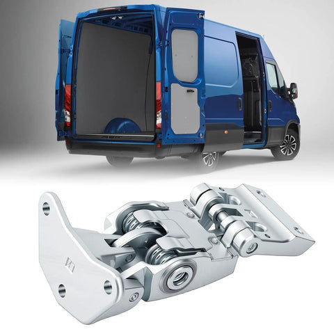 Heavy Duty Rear Door Hinge For Driver Side Crafted From Premium High Strength Steel Alloy showing hinge detail against blue van background.