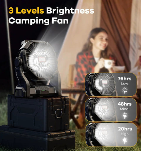Ultra Quiet 30000mAh Portable Camping Fan With LED Light USB TypeC Rechargeable Battery Powered For Travel Tent Beach Car And Power Outages Essential Outdoor Gear displayed on a case with lighting settings.