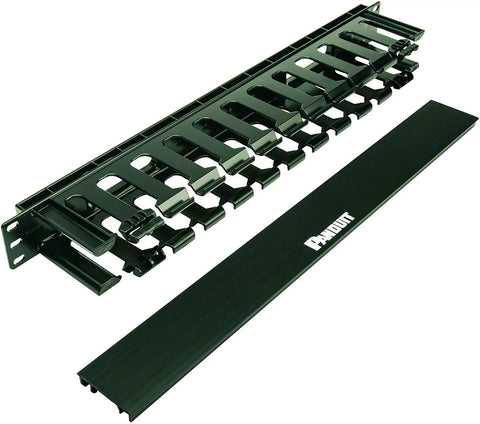 Horizontal Cable Manager 1U Black For Rack Mounts With Dual Hinged Cover And Flexible Fingers, lightweight durable plastic with cover off