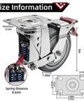 Extra Tough Five Inch Caster Wheels With Dual Spring Shock Absorption showcase dimensions and spring details for smooth heavy-duty use.