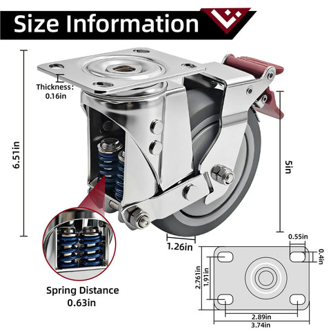 Extra Tough Five Inch Caster Wheels With Dual Spring Shock Absorption showcase dimensions and spring details for smooth heavy-duty use.