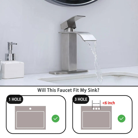 Modern Single Handle Gold Vessel Sink Faucet With Brushed Gold Finish over rectangular sink, water flow visible, fitting guide below.