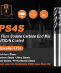 Image of PS4S 4 flute square carbide end mill with AlTiCrN coating for alloy and hardened steels, featuring a 45-degree helix design.