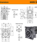NMRV030 Worm Gearbox Dimensions for NEMA23 Worm Gearbox Reducer, 14mm Output Bore, 47mm Pitch, Aluminum Alloy, 50:1 Ratio, Silver Housing