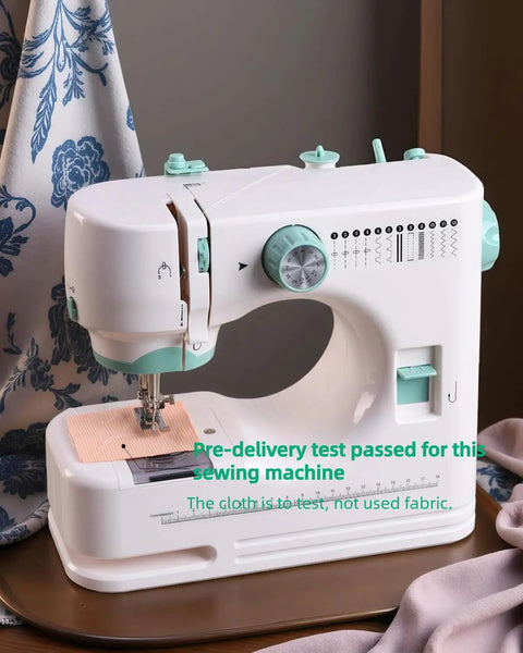 Solid Pick Portable Mini Sewing Machine For Beginners Featuring 12 Built In Stitches and Easy Hook Up Foot Pedal on a desk with test fabric.