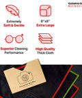 Camera microfiber cleaning cloths, 8-pack, extra large 8x8 inches for lenses, glasses, and screens.