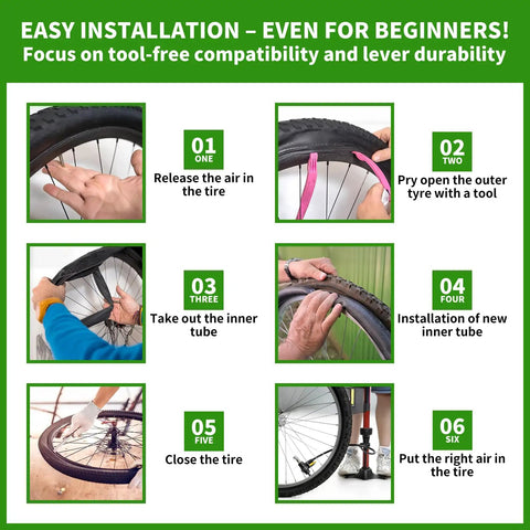 Step-by-step installation of 2 Pack 26 Inch Foldable Bike Tire Set Complete 8 Piece Kit With Inner Tubes Rim Strips And Tire Levers.