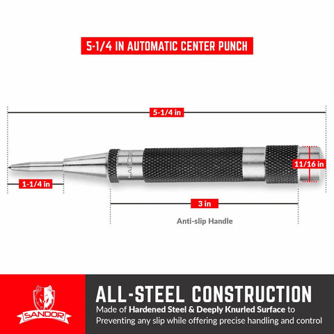 Pro Grade Automatic Center Punch With Hardened Steel Body And Knurled Grip shown with dimensions and features