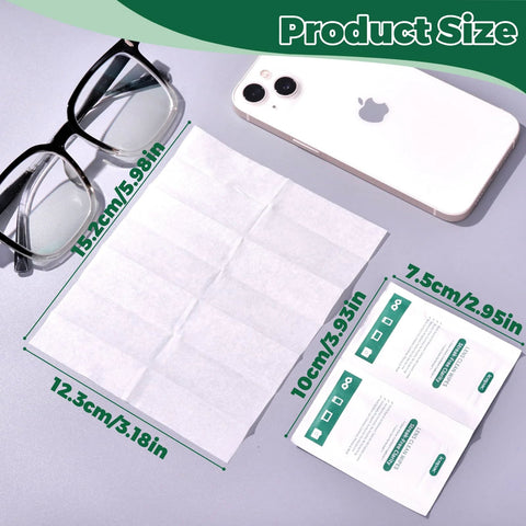 Top-down view of Icepac lens wipes kit: 200-moistened, individually wrapped; glasses, iPhone, and white cleaning cloth.