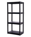 Heavy Duty Four Tier Plastic Storage Shelf Rack In Black 48 X 21 X 14 Inches showing four shelves for organization.